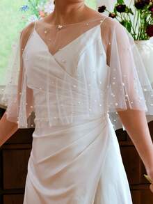 1pc Faux Pearl Decor Bridal Shawl, Sexy Thin Mesh Ladies Wedding Party Bolero Cover Up Shrug Fall Clothes For Women - VG120 - View 3
