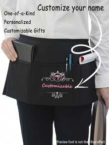 1Pc Personalized CustomUnisex Polyester Apron With 3 Pockets - Customizable Short Half Waist Waiter Work Uniform Hair Stylist Black Apron Hairdresser Beauty Salon Cosmetologist Cosmetology School Barber Gift Custom,For Kitchen, Hotel, Restaurant, Cooking, Baking, And Chef Use, Perfect For Personalized Text Or Logo - Multicolor - View 5