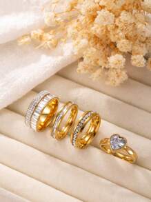 4/5 Pieces Fashionable And Exquisite Stainless Steel Ring 18k Gold Plated With Diamonds Round Square Ring Suitable For Women'S Daily Wear Dating Play Wedding Engagement Holiday Gift Jewellery