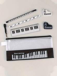 A Set Of 6 Cute Piano-Themed Stationery Items, Featuring Black And White Music Symbols, Includes A Pencil Case, Pencils, A Ruler, And An Eraser. It's Perfect As A Gift For Students During The Back-To-School Season,School Supplies,Back To School - View 1