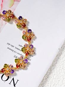 1pc Dopamine Colorful Zirconia Flower Bracelet.18K Gold Plated Multi-Color Zirconia Ladies Decorative Bracelet,Gorgeous And Colorful Fashion Summer Jewelry,Elegant Jewelry Gift.Suitable For Daily,Vacation,Party,Wedding,Gift,Valentine's Day Gift,Birthday Gift.