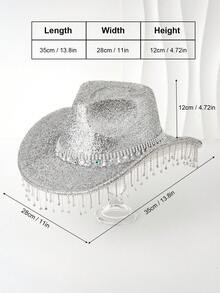 1pc Unisex Metallic Shine Solid Color Cowboy/Cowgirl Hat With Colorful Gems Studded Belt, Bling Tassel Accent, Suitable For Birthday Party, Western Theme Event, Gathering, Cosplay, Graduation, Masquerade, Festival, Wedding, Birthday Celebration, Music Festival, Coming Of Age Ceremony Thanksgiving Christmas Winter Holiday Outfit Women