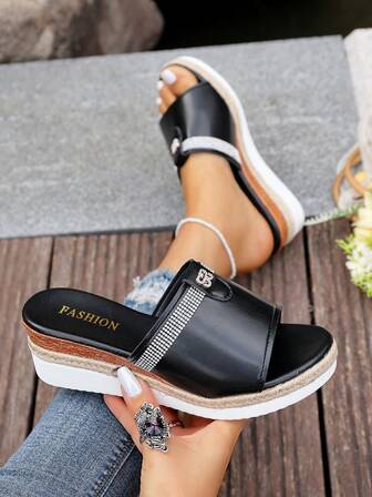 Women's Fashion Lightweight Versatile Crystal Decorated Open Toe Thick Sole Sandals, Summer Rhinestone Embellished Wedge Beach Shoes