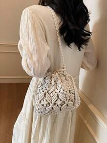1pc Hollow Weaved Bucket Crossbody Bag, Women New Small Woven Bag, Unique Beach Vacation Style Shoulder Bag, Fashion Chic Envelope Bag