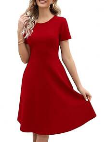 Cuello redondo de mujer, vestido casual de color sólido, manga corta, dobladillo suelto, tejido suave, diseño elegante de estilo sencillo, de moda y cómodo, perfecto para fiestas, vida nocturna, citas, viajes de primavera y verano, ir de compras y ropa casual diaria. - Burdeos - Ver 5