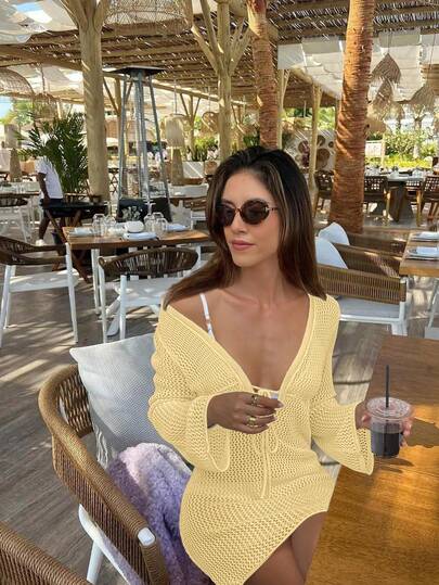 Nuevo TOP DE MANGA LARGA HOLGADO DE ENCAJE AMARILLO MANTEQUILLA, de ESTILO CASUAL DE VACACIONES con cuello amplio sexy para mujeres