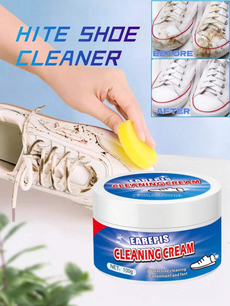 Sports Shoes Whitening And Cleaning Cream (With Sponge) - Removes Stains And Wear Marks From Sports Shoes, Boots And Canvas Shoes. It Is Made Of Plastic Material And Contains Chemicals. It Is A Fast And Effective Shoe Care Cleaner. 1 Tablet Of Sponge Cleaning Cream, 1 Tablet Of Multi-Purpose Cleaning Cream