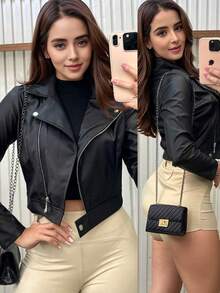 Women's Leather Jacket With Zipper, Long Sleeves - Black - View 1