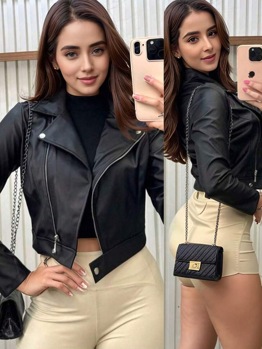 Women's Leather Jacket With Zipper, Long Sleeves - Black - View 1