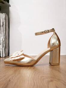 时尚蝴蝶结黑色天鹅绒绑带粗跟女式高跟鞋 - 金色 - 查看 7