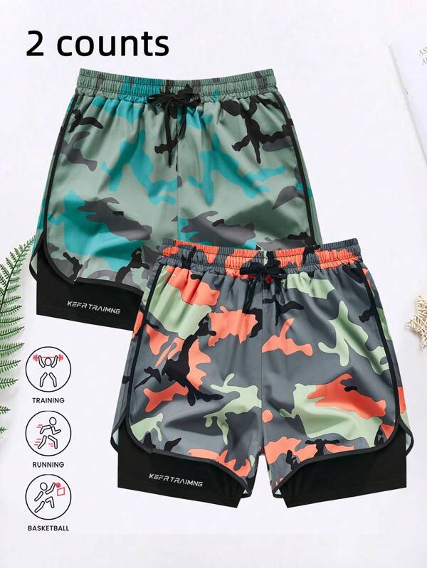 2 Stücke/Set Herren Sommer 2-in-1 Dual Layer schnell trocknende atmungsaktive Sporthosen, modisches Camouflage- und Buchstabenmuster mit eingebautem Handyfach, locker sitzende Shorts für Workout, Laufen, Basketball, Radfahren mit elastischem Bund