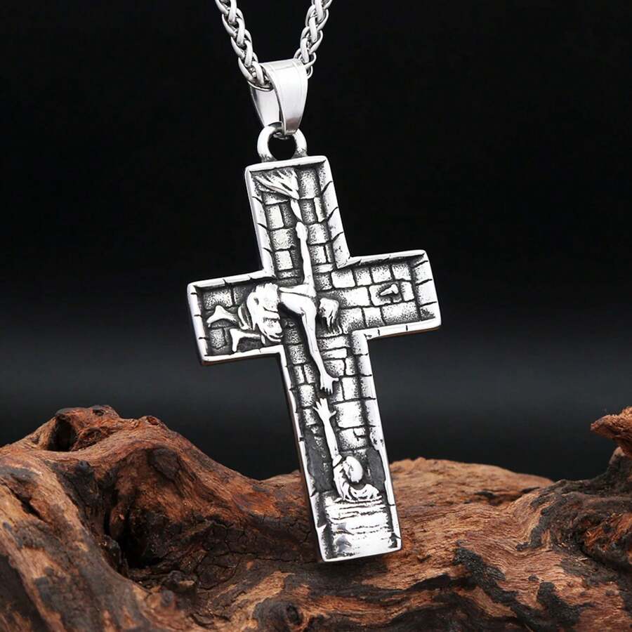1pc Vintage Stainless Steel Cross Pendant With 60cm Chain, Suitable For Men & Women Daily Wear
