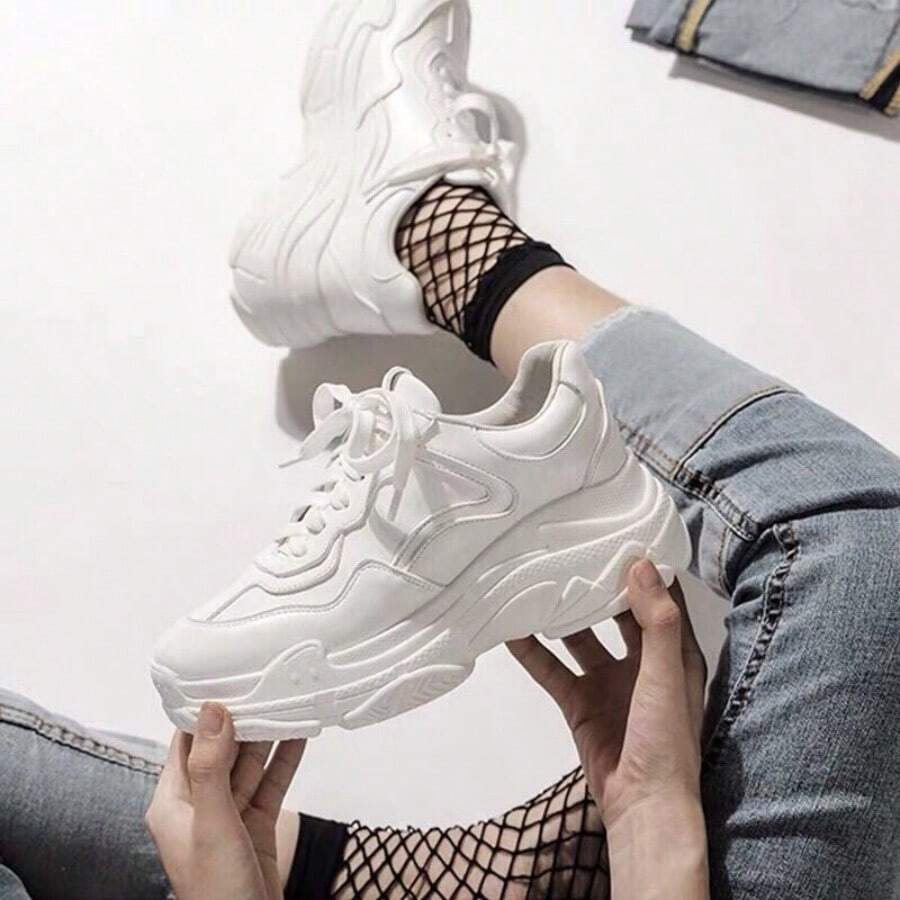 Zapatos de papá, zapatos de primavera y otoño, nuevos estudiantes, versión coreana de zapatillas deportivas, moda y ocio, zapatos blancos con suela gruesa y tirantes delanteros, Zapatos casuales de mujer - Blanco - Ver 1