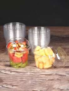 10个带盖透明圆形包装杯，时尚水果沙拉、酸奶和果汁杯 - 白色 - 查看 6