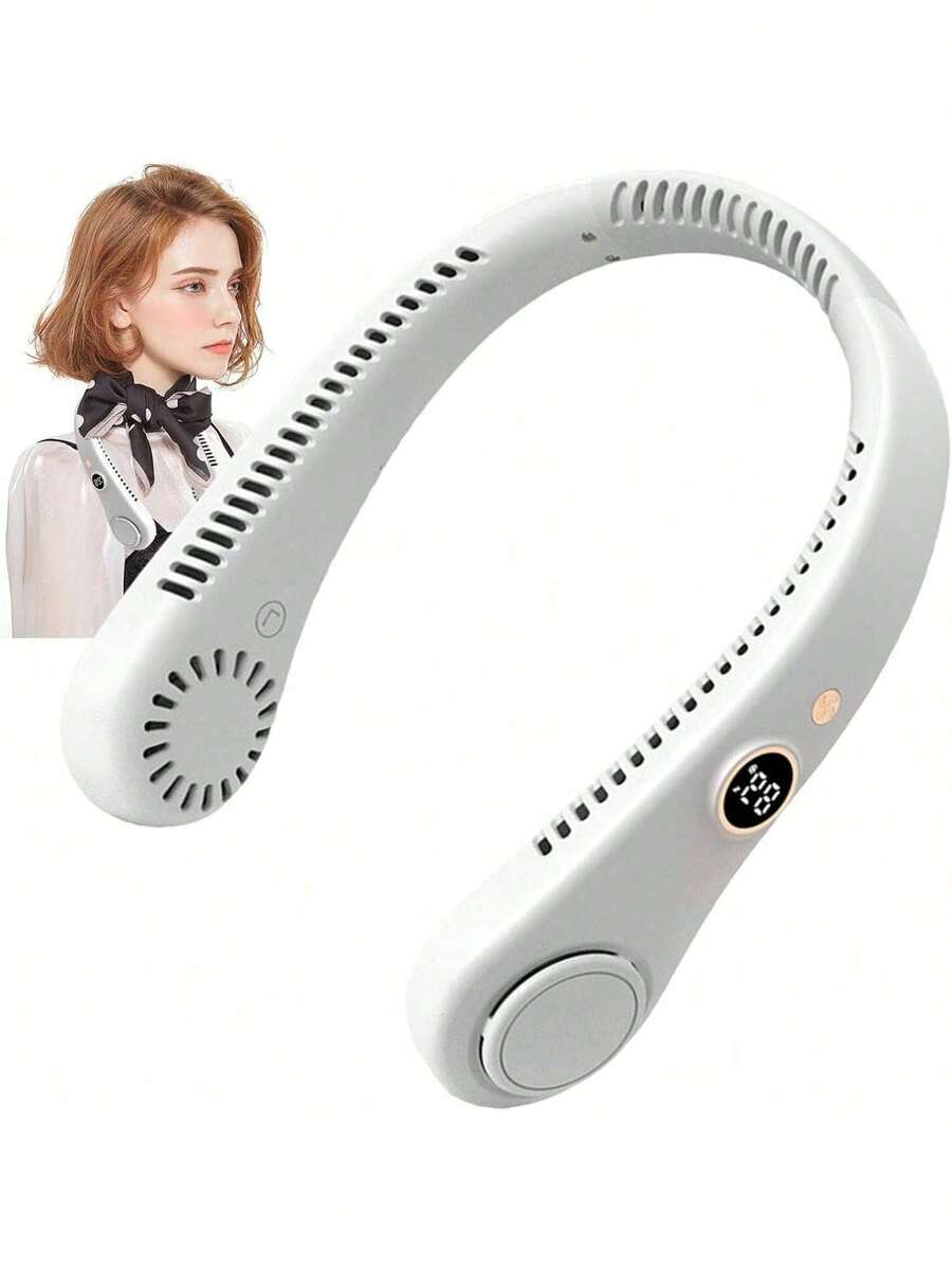 Ventilador montado en el cuello con pantalla digital, ventilador eléctrico sin aspas, ventilador con banda para el cuello, mini enfriador de aire portátil, ventilador eléctrico recargable por USB - Blanco - Ver 1