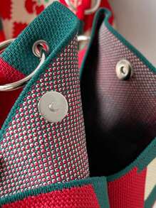 1pc Multicolor Geometric Pattern Knitted Handbag, Women Portable Foldable Dual Handle Small Tote Bag With Magnetic Closure, Suitable For Commuting, Vacation, Beach, Shopping