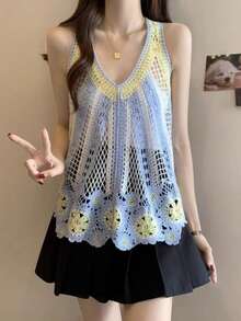Women's Fashion Crochet Hollow V-Neck Sleeveless Knit Vest - Multicolor - View 3