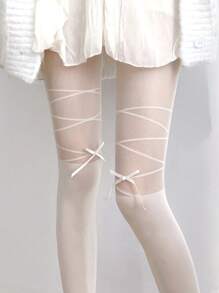 1 par de pantimedia de colores transparentes y con decoración de lazo estilo lolita, adecuadas para mujeres de menos de 50kg, para primavera/verano/otoño