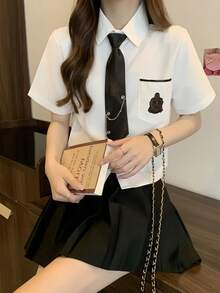 1pc Student Uniform Cosplay Set - White Short Sleeve Top + Dark Grey Pleated Skirt + Tie, 3-Piece Set, Suitable For Photoshoot, Valentine's Day, Party, Garden Date - Multicolor - View 1