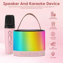 EIGIIS Mini chaîne stéréo de bureau avec microphones sans fil, 5 effets lumineux à LED, enceinte karaoké Bluetooth, microphone portable Bluetooth avec changeur de voix, mini machine à karaoké, cadeau parfait pour l'anniversaire et la famille