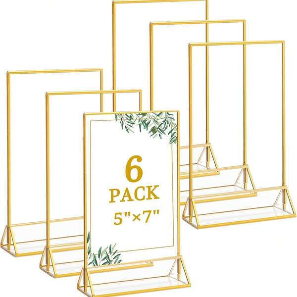 12PCS/6PCS Restaurant Table Menu Recipe Cards, Transparent Acrylic Wedding Table Number Holder, Photo Display Logo Holder With Gold Border, Double-Sided Gold Photo Frame, Perfect For Weddings, Rehearsal Dinners, Engagement