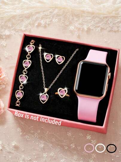 6/1pc Girls Fashion Elegant Classic LED Digital Display Square Electronic Watch, Suitable For Girls, Comes With Bracelet, Necklace, Ring, Earring Set, Suitable For Students, Perfect For Back To School, Parties, Travel And Daily Life, Great Gift For Friends, Birthday, Graduation