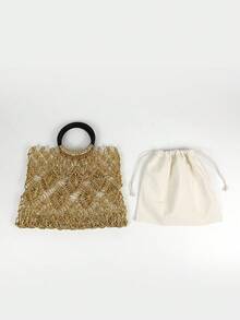 Einfarbige gewebte Tasche mit Lochdesign, Strandtasche mit großem Fassungsvermögen und Glanz in Strohoptik, geeignet für Teenager Reisen