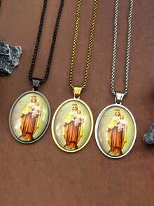 Virgin Mary Holding Baby Jesus Glass Medal Pendant Necklace, Unisex Stainless Steel Gold-Plated Catholic Amulet Necklace Jewelry - Necklace - View 1