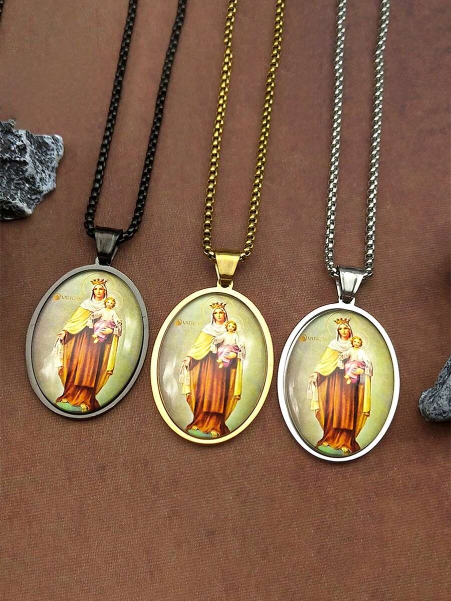 Virgin Mary Holding Baby Jesus Glass Medal Pendant Necklace, Unisex Stainless Steel Gold-Plated Catholic Amulet Necklace Jewelry - Necklace - View 1