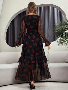 Đầm dài tay thanh lịch, gợi cảm phong cách Y2K lãng mạn xếp tầng hai lớp in họa tiết hoa hồng dành cho nữ, mùa xuân - Nhiều màu - Xem 3