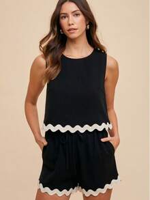 Ric Rac Trim Detailed Top & Shorts Set - Black - View 8