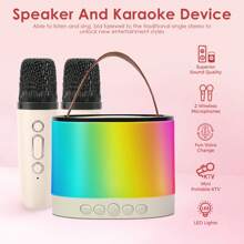 EIGIIS Mini chaîne stéréo de bureau avec microphones sans fil, 5 effets lumineux à LED, enceinte karaoké Bluetooth, microphone portable Bluetooth avec changeur de voix, mini machine à karaoké, cadeau parfait pour l'anniversaire et la famille
