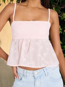 Women's Spaghetti Strap Ruffle Hem Peplum Cami Top Jacquard Camisole Floral Babydoll Top Going Out Streetwear