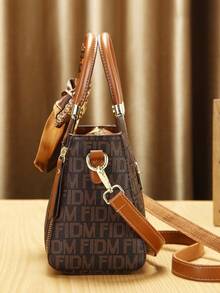 女士时尚包袋套装 - 优雅几何印花、仿皮托特包、斜挎包和手拿包 - 棕色 - 查看 4