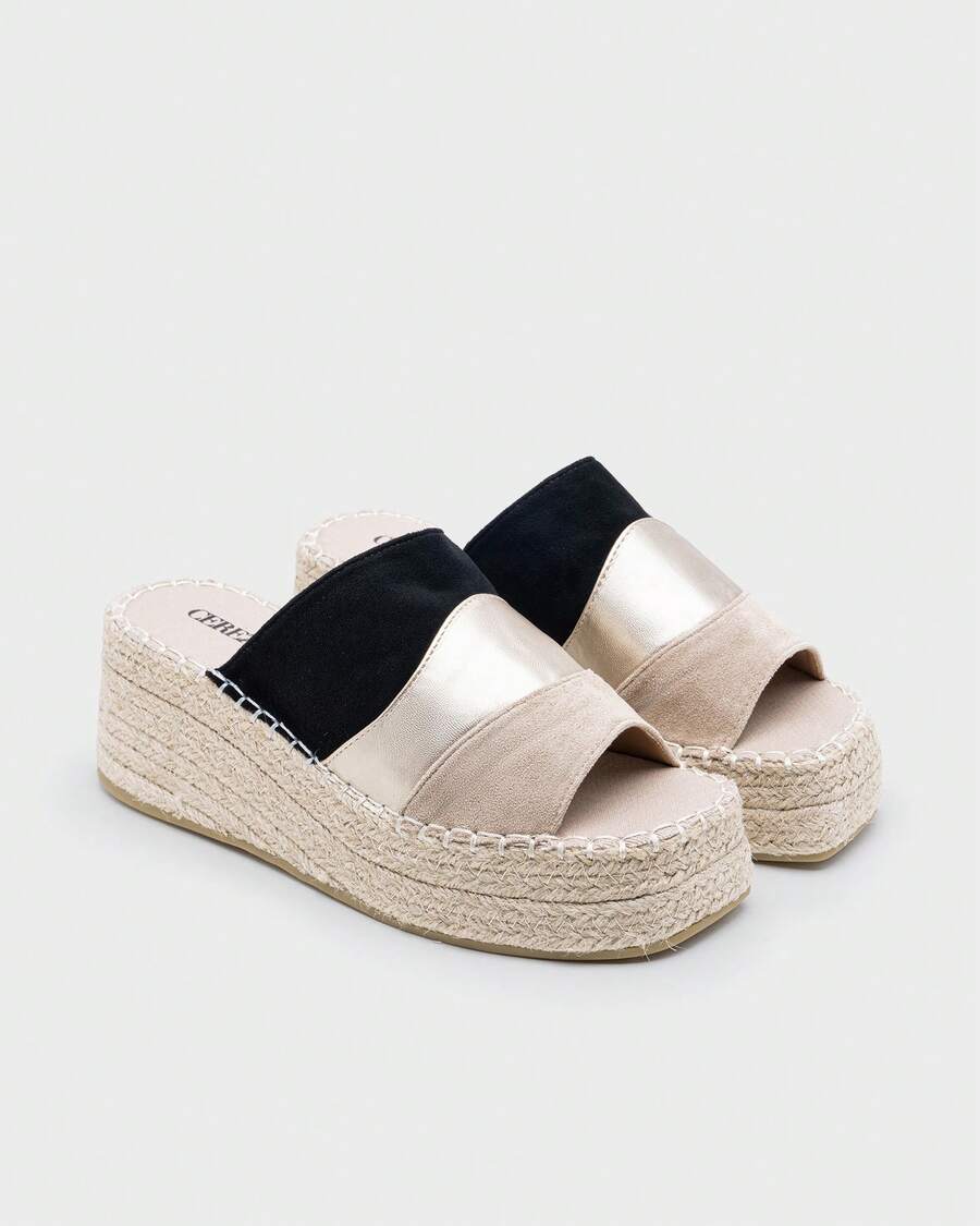 Wedge Clog Espadrilles With Platform, Heeled Mules Sandals, Wedge Clogs, For Summer Vacation - Black - View 1