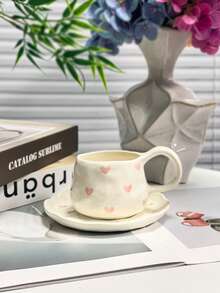 1 件粉色心形手工捏制陶瓷咖啡杯碟，韩国可爱手绘马克杯，高品质女士水杯、咖啡杯、茶杯，适合居家、派对、节日礼物返校 - 彩色 - 查看 6