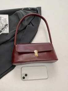 软面PU皮金属锁扣装饰翻盖复古风法棍包女士单肩包新款女包小包手提包小方包 - 酒紅色 - 查看 7