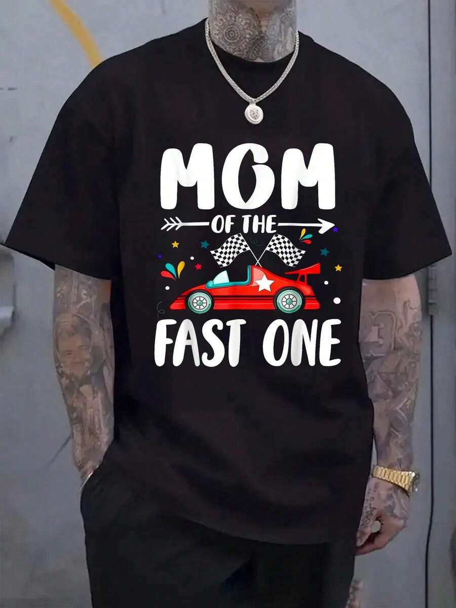 Mom Of The Fast One Birthday 1St Race Car Family Matching T-Shirt, Casual Crew Neck Short Sleeved Summer T-Shirt, Men'S Top - 黑色 - 查看 1