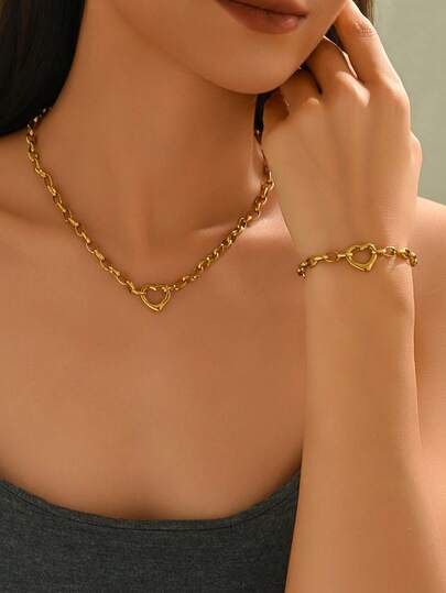 2pcs/Set Stainless Steel Heart Shaped Thick Chain Bracelet & Necklace, Fashionable Exaggerated Style, Suitable For Streetwear Valentines,Mom,Mother,Mother's Day,Gift