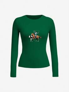 Cowboy On Horseback Swinging Lasso Women's Fashion Long Sleeve Shirt,Y2K, Streetwear, Casual, Rock,Crew Neck,Tee For Women, Holiday, Vacation,Festival,Daily Wear,Outfit Tops - 綠色 - 查看 1