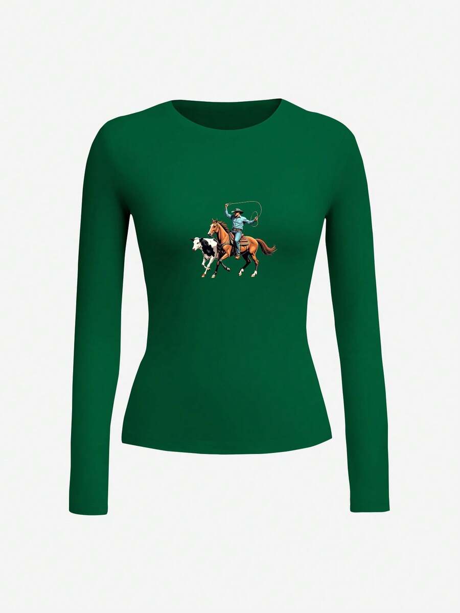 Cowboy On Horseback Swinging Lasso Women's Fashion Long Sleeve Shirt,Y2K, Streetwear, Casual, Rock,Crew Neck,Tee For Women, Holiday, Vacation,Festival,Daily Wear,Outfit Tops - 綠色 - 查看 1