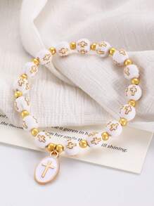 1 pieza Brazalete elástico con cruz bautismal de esmalte en blanco y dorado, estilo minimalista cristiano, accesorio de joyería de moda para hombres, regalo para uso diario, vacaciones