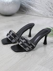 High-End French Style Glossy Stiletto Sandals, Color-Blocking Plaid & Sequins Embellished, Fashionable For Party, Comfortable & Elegant, Versatile Wear