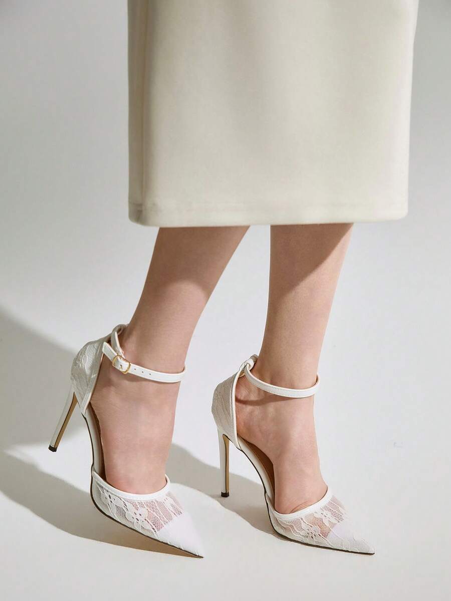 2024新款女士白色蕾丝高跟鞋，圣诞节冬季礼物 - 白色 - 查看 1
