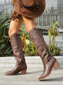 2025 Autumn/Winter New Women Plus Size Thick Heel Pointed Toe Embroidered Western Cowgirl Suede Leather Mid-Calf Boots, Outdoor Fashion Slip-On