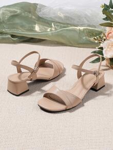 女式露背粗跟凉鞋，中跟时尚法式凉鞋，加大码宽版女士复古趾环系带高跟休闲户外凉鞋 - 米色 - 查看 8