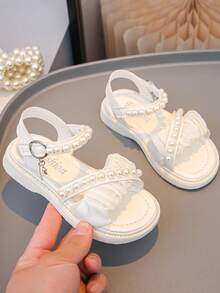 Mädchen süße Blumen & Perlen Dekor Outdoor Flache Offene Zehensandalen, Weich & Bequem - Beige - Übersicht 2