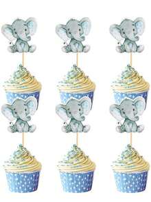 2 Sets24 Pcs Elephant Cupcake Toppers It's A B-Oy B-Aby Shower Cupcake Picks For Elephant Theme Gender Reveal B-Aby Shower K/Ids Birthday Party Cake Decorations Supplies(Blue)