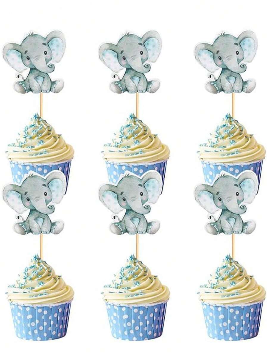 2 Sets24 Pcs Elephant Cupcake Toppers It's A B-Oy B-Aby Shower Cupcake Picks For Elephant Theme Gender Reveal B-Aby Shower K/Ids Birthday Party Cake Decorations Supplies(Blue)