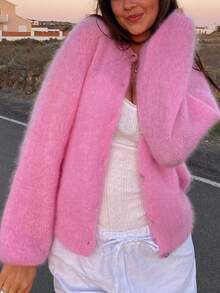 FOR BEAUTY 春秋/冬新款圆领纽扣长袖针织开衫女式上衣，宽松、时尚、温柔、粉色，浪漫新年开衫毛衣情人节款 - 粉色 - 查看 6